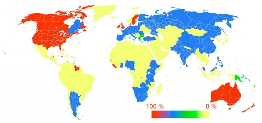 Употребление английского языка на карте мира