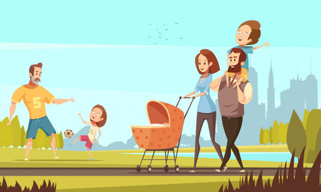 young family with toddler baby walking park outdoor with cityscape background retro cartoon vector illustration 1284 19753 Skyteach
